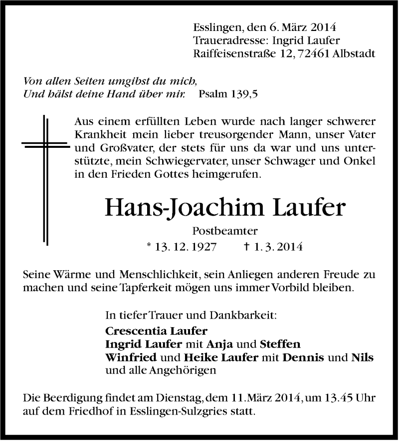  Traueranzeige für Hans-Joachim Laufer vom 06.03.2014 aus Stuttgarter Zeitung / Stuttgarter Nachrichten