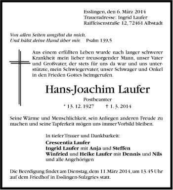 Traueranzeige von Hans-Joachim Laufer von Stuttgarter Zeitung / Stuttgarter Nachrichten