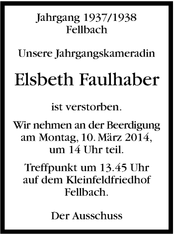 Traueranzeige von Elsbeth Faulhaber von Stuttgarter Zeitung / Stuttgarter Nachrichten