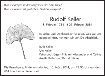 Traueranzeige von Rudolf Keller von Stuttgarter Zeitung / Stuttgarter Nachrichten