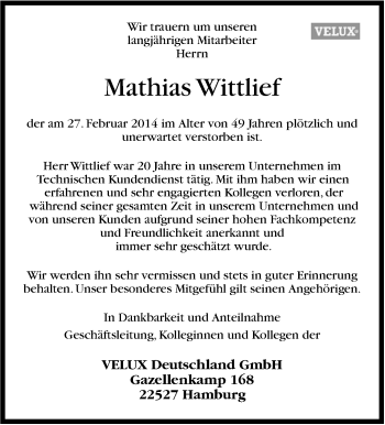 Traueranzeige von Mathias Wittlief von Stuttgarter Zeitung / Stuttgarter Nachrichten