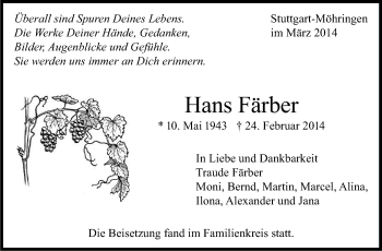 Traueranzeige von Hans Färber von Stuttgarter Zeitung / Stuttgarter Nachrichten