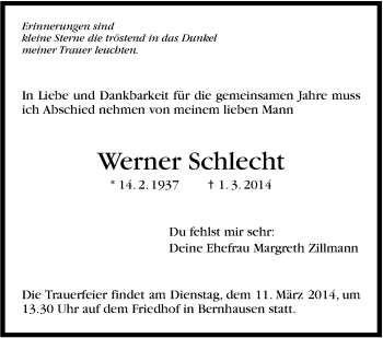 Traueranzeige von Werner Schlecht von Stuttgarter Zeitung / Stuttgarter Nachrichten