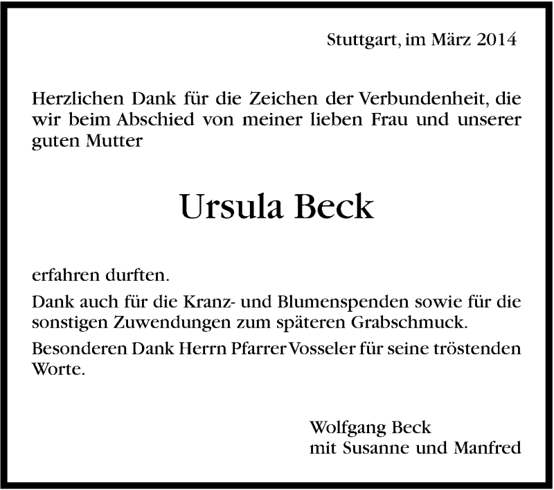  Traueranzeige für Ursula Beck vom 08.03.2014 aus Stuttgarter Zeitung / Stuttgarter Nachrichten