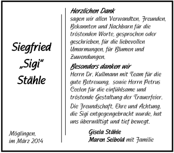 Traueranzeige von Siegfried Stähle von Stuttgarter Zeitung / Stuttgarter Nachrichten