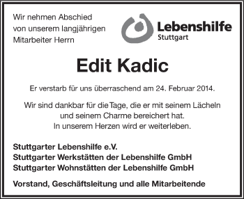 Traueranzeige von Edit Kadic von Stuttgarter Zeitung / Stuttgarter Nachrichten