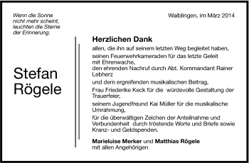 Traueranzeige von Stefan Rögele von Stuttgarter Zeitung / Stuttgarter Nachrichten
