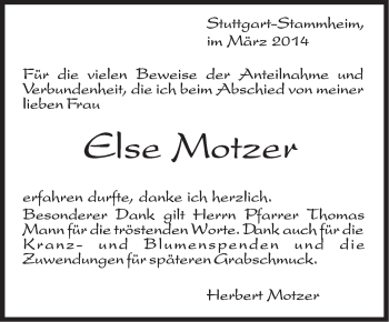 Traueranzeige von Else Motzer von Stuttgarter Zeitung / Stuttgarter Nachrichten