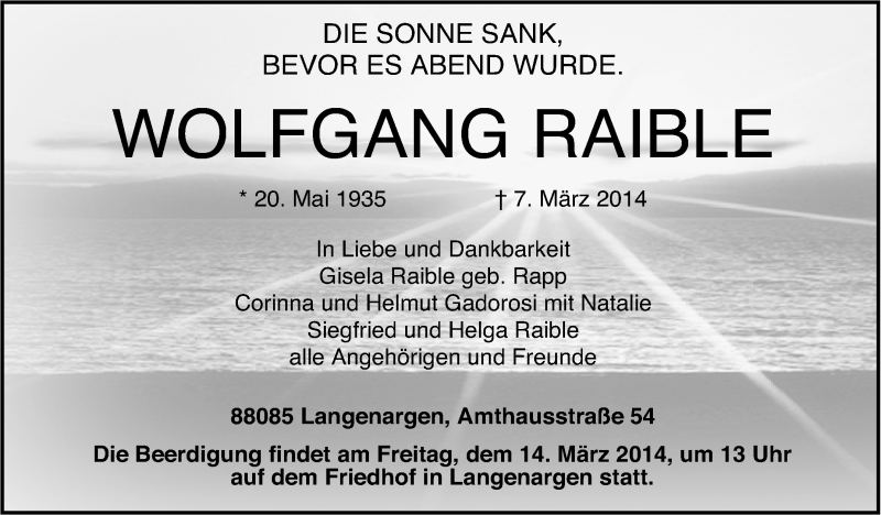  Traueranzeige für Wolfgang Raible vom 11.03.2014 aus Stuttgarter Zeitung / Stuttgarter Nachrichten