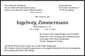 Traueranzeige von Ingeborg Zimmermann von Stuttgarter Zeitung / Stuttgarter Nachrichten