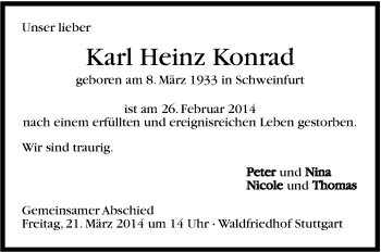Traueranzeige von Karl Heinz Konrad von Stuttgarter Zeitung / Stuttgarter Nachrichten