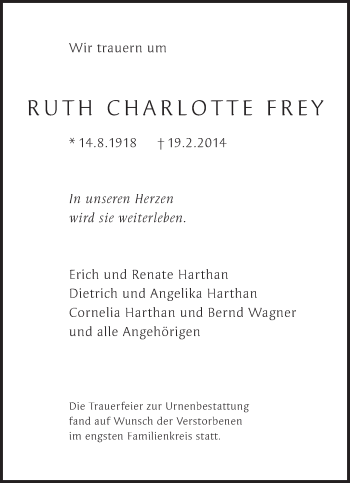 Traueranzeige von Ruth Charlotte Frey von Stuttgarter Zeitung / Stuttgarter Nachrichten