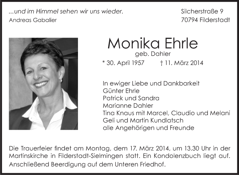  Traueranzeige für Monika Ehrle vom 14.03.2014 aus Stuttgarter Zeitung / Stuttgarter Nachrichten