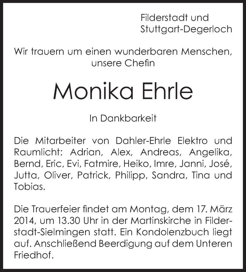  Traueranzeige für Monika Ehrle vom 14.03.2014 aus Stuttgarter Zeitung / Stuttgarter Nachrichten