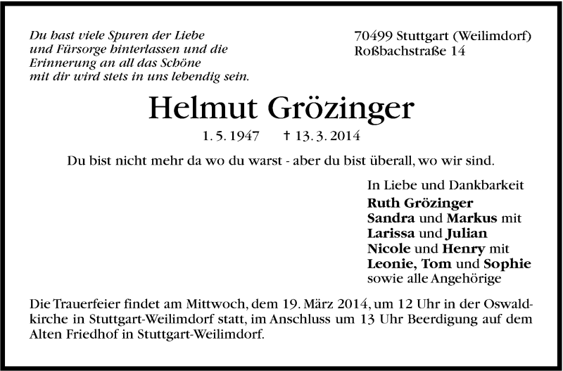  Traueranzeige für Helmut Grözinger vom 15.03.2014 aus Stuttgarter Zeitung / Stuttgarter Nachrichten