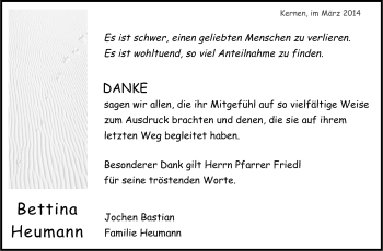 Traueranzeige von Bettina Heumann von Stuttgarter Zeitung / Stuttgarter Nachrichten