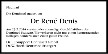 Traueranzeige von Rene Denis von Stuttgarter Zeitung / Stuttgarter Nachrichten