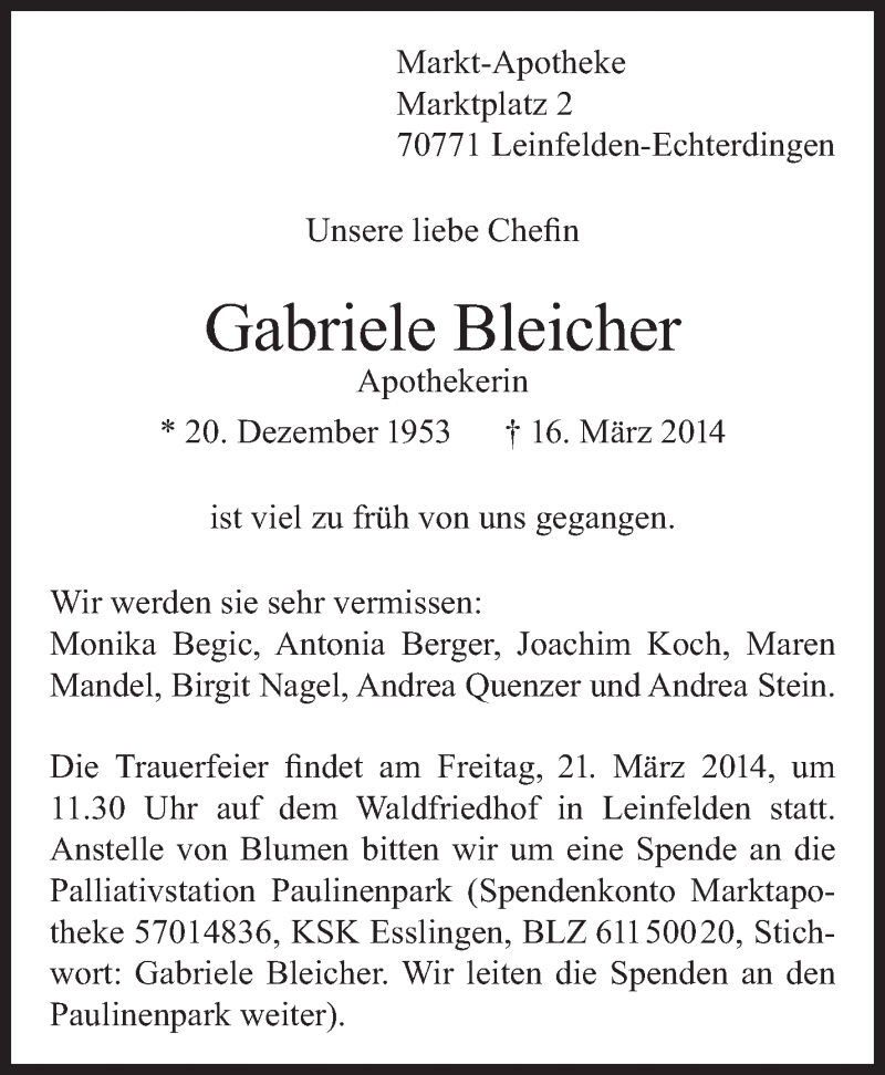  Traueranzeige für Gabriele Bleicher vom 18.03.2014 aus Stuttgarter Zeitung / Stuttgarter Nachrichten