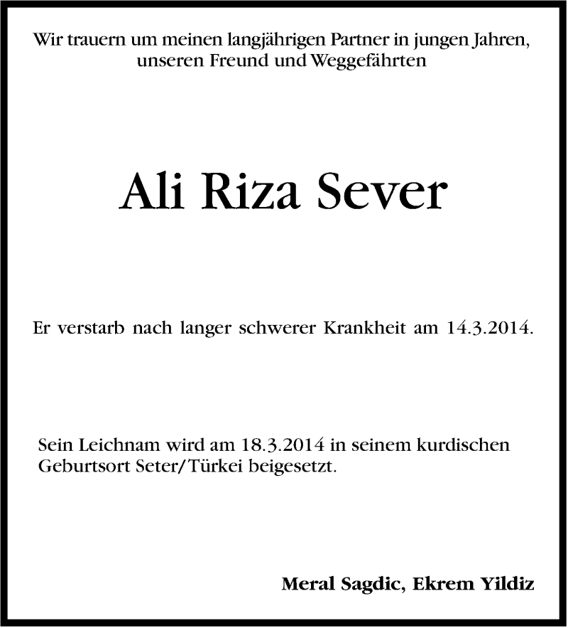  Traueranzeige für Ali Riza  Sever vom 18.03.2014 aus Stuttgarter Zeitung / Stuttgarter Nachrichten