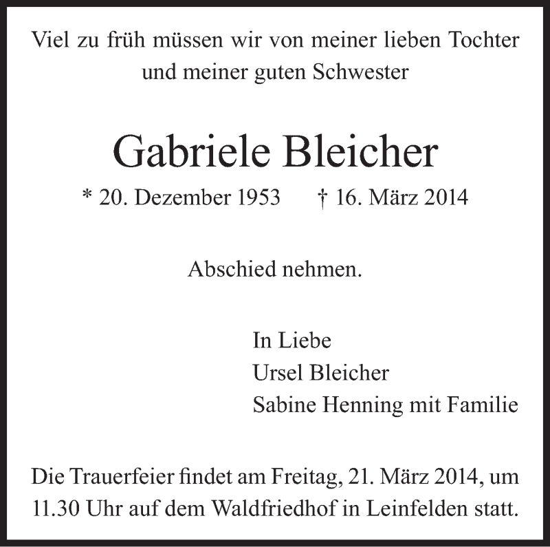  Traueranzeige für Gabriele Bleicher vom 18.03.2014 aus Stuttgarter Zeitung / Stuttgarter Nachrichten
