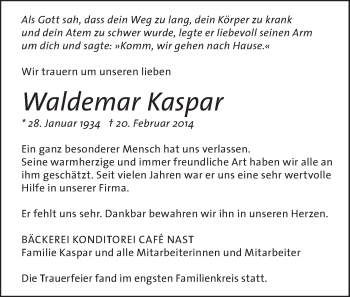 Traueranzeige von Waldemar Kaspar von Stuttgarter Zeitung / Stuttgarter Nachrichten