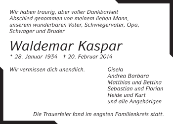 Traueranzeige von Waldemar Kaspar von Stuttgarter Zeitung / Stuttgarter Nachrichten
