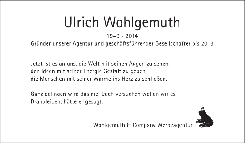  Traueranzeige für Ulrich Wohlgemuth vom 29.03.2014 aus Stuttgarter Zeitung / Stuttgarter Nachrichten