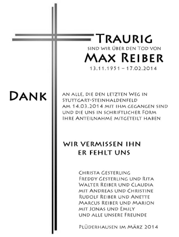 Traueranzeige von Max Reiber von Stuttgarter Zeitung / Stuttgarter Nachrichten