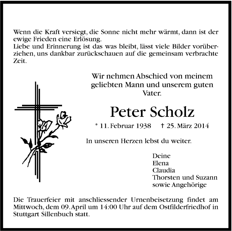  Traueranzeige für Peter Scholz vom 31.03.2014 aus Stuttgarter Zeitung / Stuttgarter Nachrichten