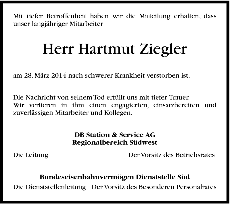  Traueranzeige für Hartmut Ziegler vom 03.04.2014 aus Stuttgarter Zeitung / Stuttgarter Nachrichten