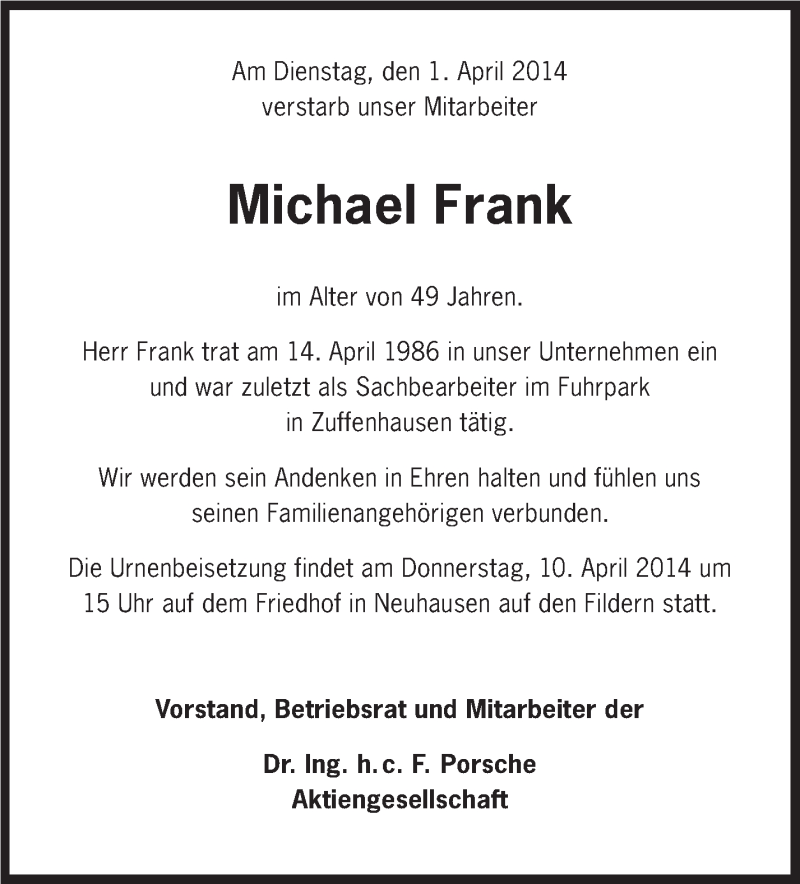  Traueranzeige für Michael Frank vom 09.04.2014 aus Stuttgarter Zeitung / Stuttgarter Nachrichten