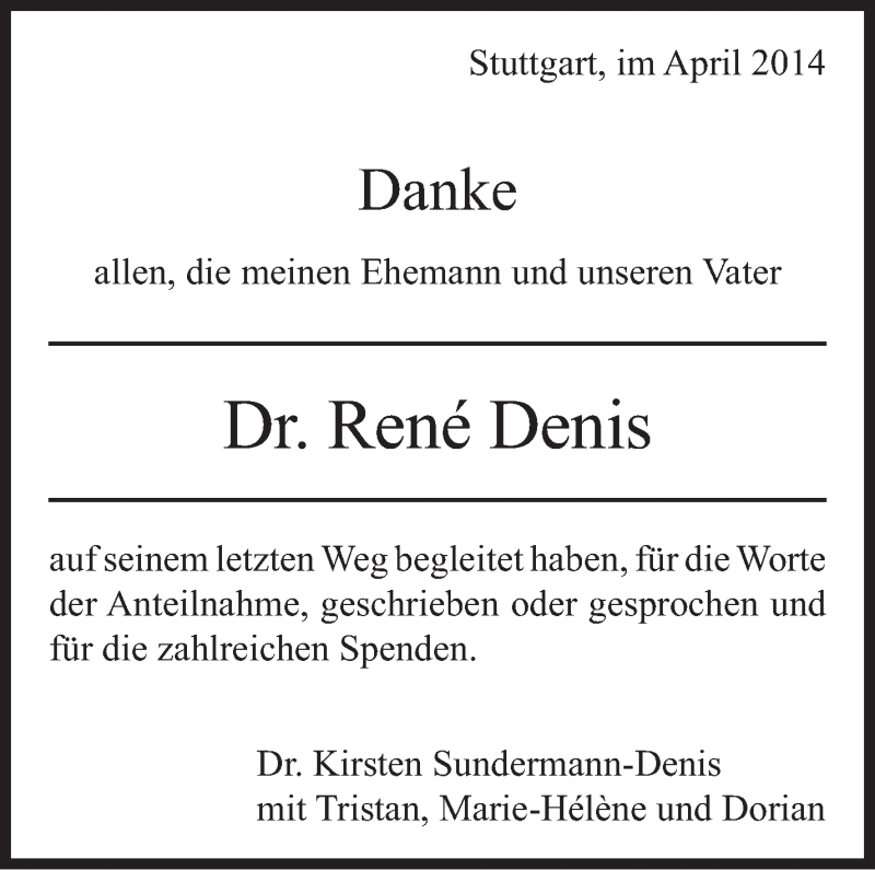  Traueranzeige für René Denis vom 09.04.2014 aus Stuttgarter Zeitung / Stuttgarter Nachrichten