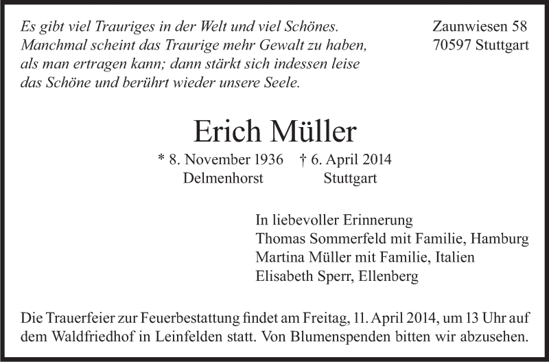  Traueranzeige für Erich Müller vom 10.04.2014 aus Stuttgarter Zeitung / Stuttgarter Nachrichten