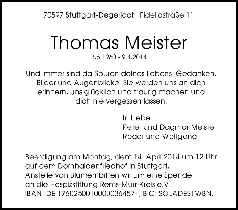  Traueranzeige für Thomas Meister vom 11.04.2014 aus Stuttgarter Zeitung / Stuttgarter Nachrichten