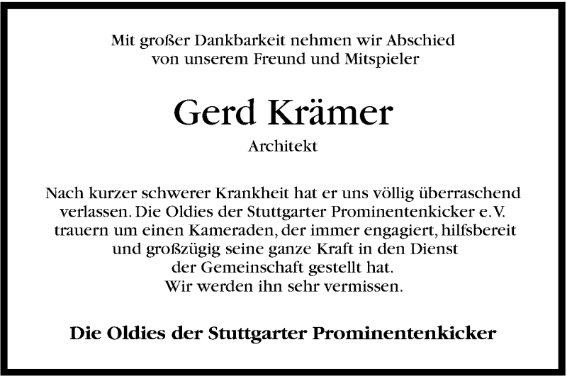  Traueranzeige für Gerd Krämer vom 17.04.2014 aus Stuttgarter Zeitung / Stuttgarter Nachrichten