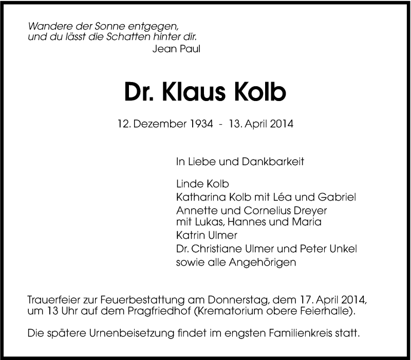  Traueranzeige für Klaus Kolb vom 15.04.2014 aus Stuttgarter Zeitung / Stuttgarter Nachrichten