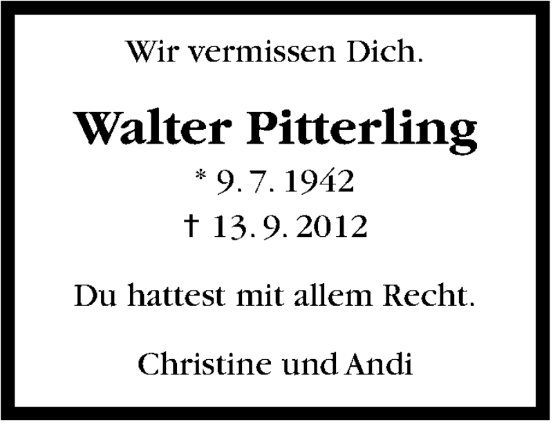  Traueranzeige für Walter Pitterling vom 17.04.2014 aus Stuttgarter Zeitung / Stuttgarter Nachrichten