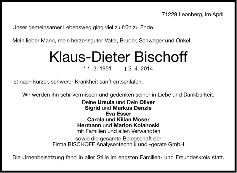  Traueranzeige für Klaus-Dieter Bischoff vom 26.04.2014 aus Stuttgarter Zeitung / Stuttgarter Nachrichten