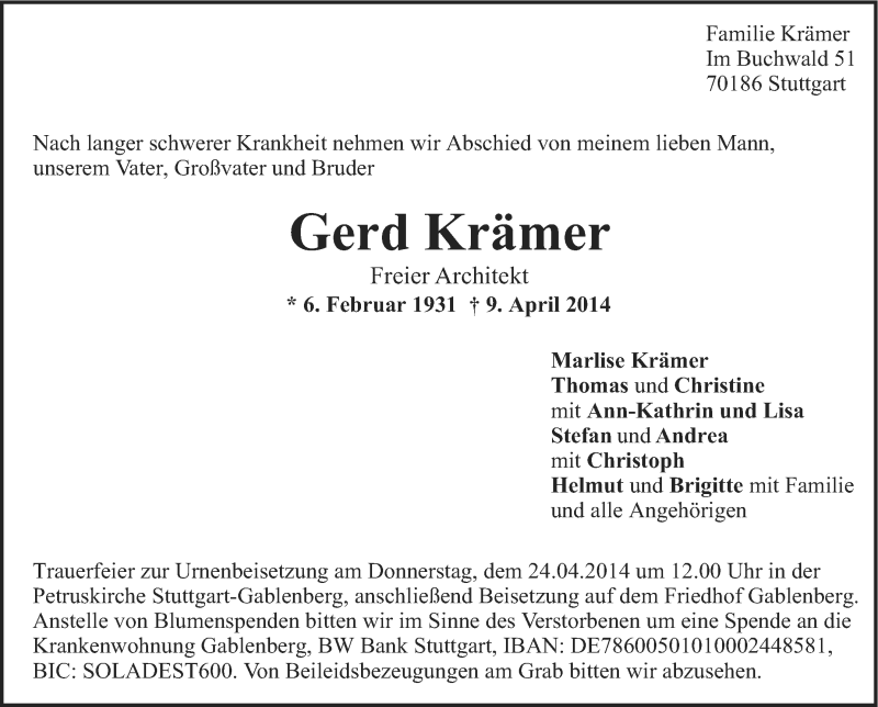  Traueranzeige für Gerd Krämer vom 17.04.2014 aus Stuttgarter Zeitung / Stuttgarter Nachrichten