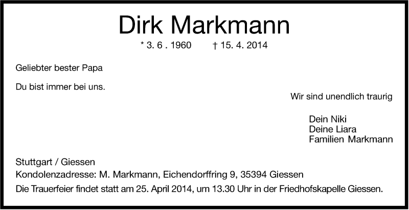  Traueranzeige für Dirk Markmann vom 23.04.2014 aus Stuttgarter Zeitung / Stuttgarter Nachrichten
