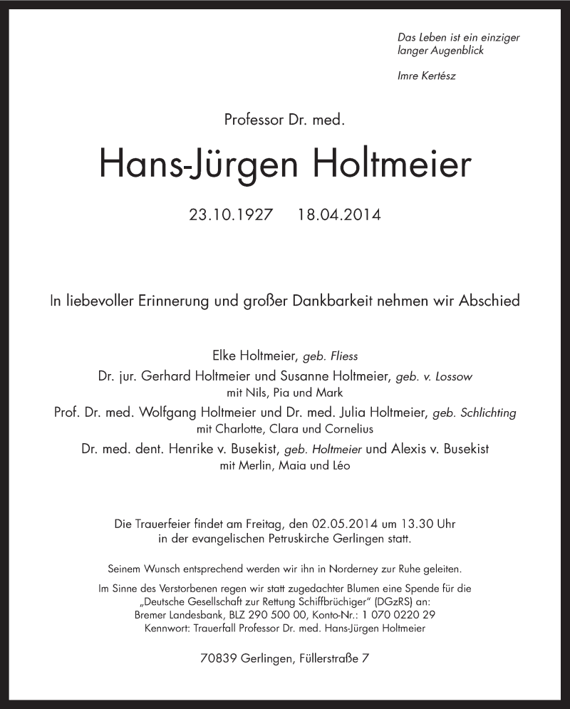  Traueranzeige für Hans-Jürgen Holtmeier vom 26.04.2014 aus Stuttgarter Zeitung / Stuttgarter Nachrichten
