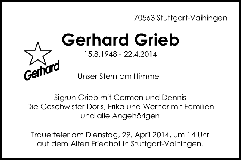  Traueranzeige für Gerhard Grieb vom 26.04.2014 aus Stuttgarter Zeitung / Stuttgarter Nachrichten
