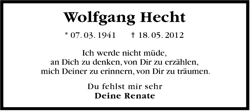  Traueranzeige für Wolfgang Hecht vom 17.05.2014 aus Stuttgarter Zeitung / Stuttgarter Nachrichten