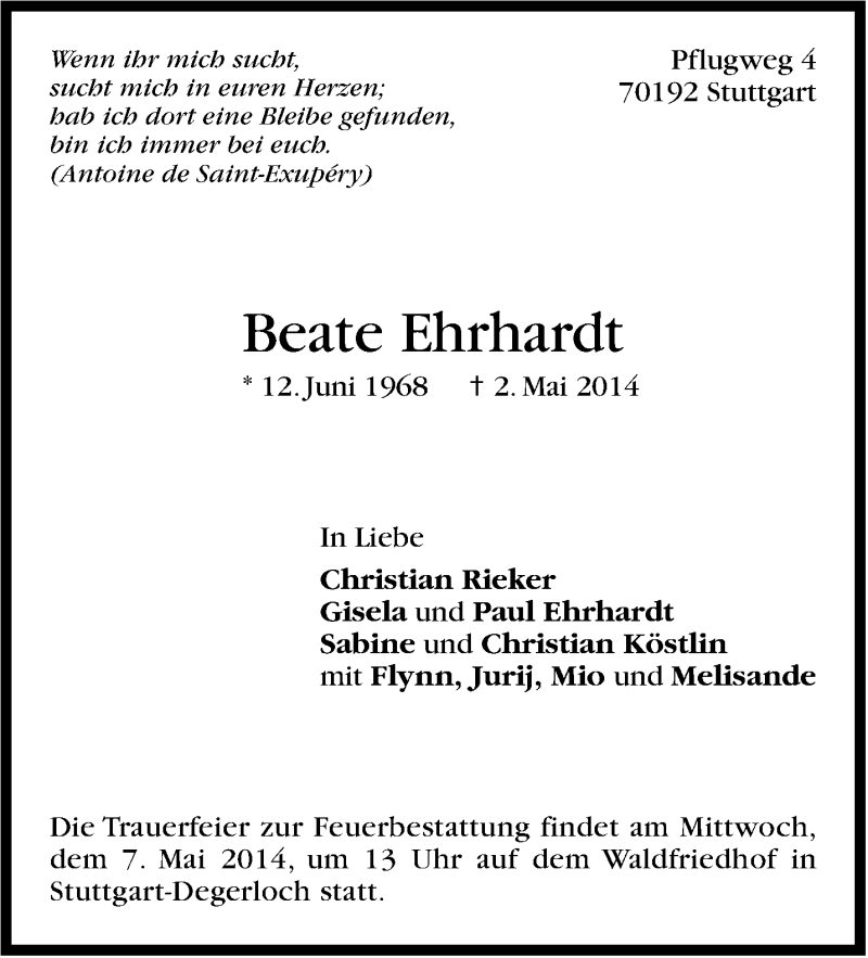  Traueranzeige für Beate Ehrhardt vom 03.05.2014 aus Stuttgarter Zeitung / Stuttgarter Nachrichten