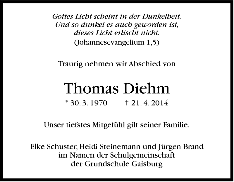  Traueranzeige für Thomas Diehm vom 07.05.2014 aus Stuttgarter Zeitung / Stuttgarter Nachrichten