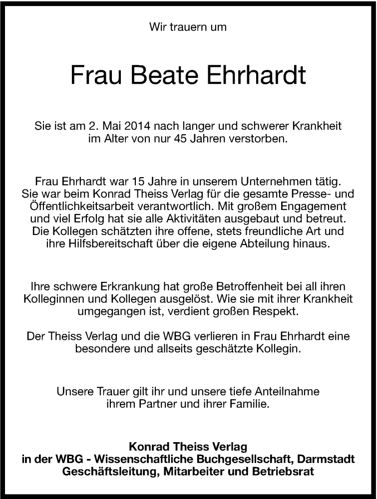  Traueranzeige für Beate Ehrhardt vom 06.05.2014 aus Stuttgarter Zeitung / Stuttgarter Nachrichten