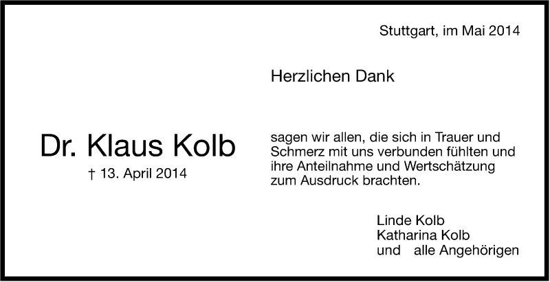 Traueranzeige für Klaus Kolb vom 12.05.2014 aus Stuttgarter Zeitung / Stuttgarter Nachrichten