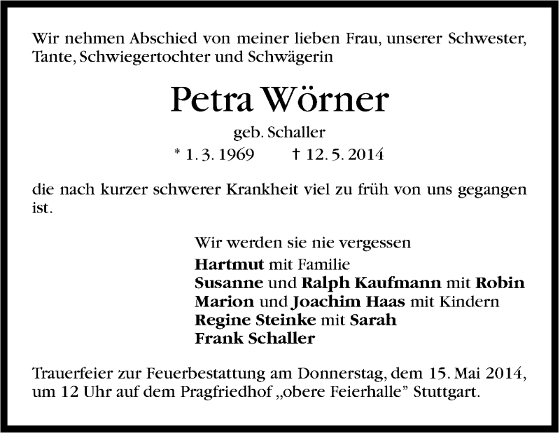  Traueranzeige für Petra Wörner vom 14.05.2014 aus Stuttgarter Zeitung / Stuttgarter Nachrichten