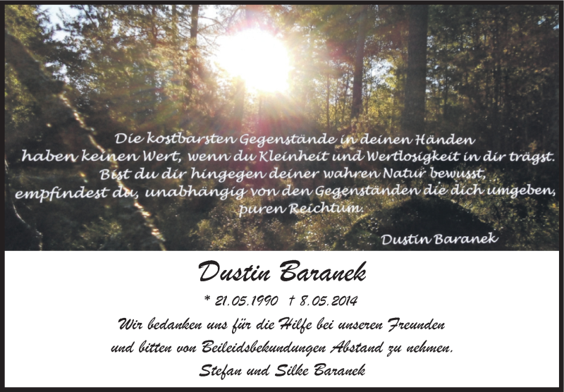 Traueranzeige für Dustin Baranek vom 17.05.2014 aus Stuttgarter Zeitung / Stuttgarter Nachrichten