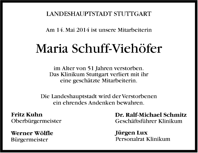  Traueranzeige für Maria Schuff-Viehöfer vom 20.05.2014 aus Stuttgarter Zeitung / Stuttgarter Nachrichten